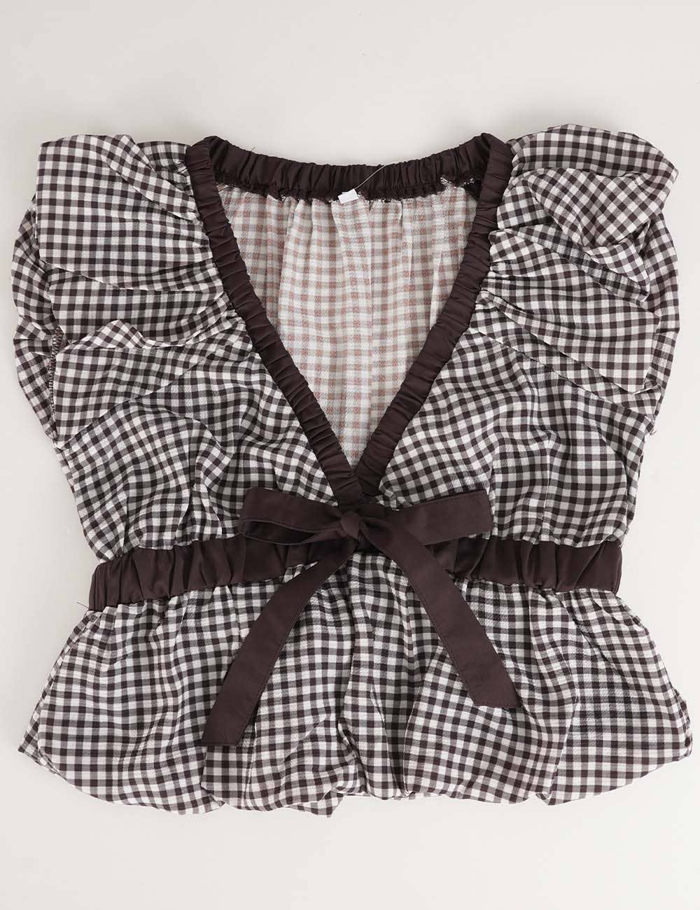 Ladies Plaid Ruffle Sleeveless Bow Tie Peplum Top | B057
