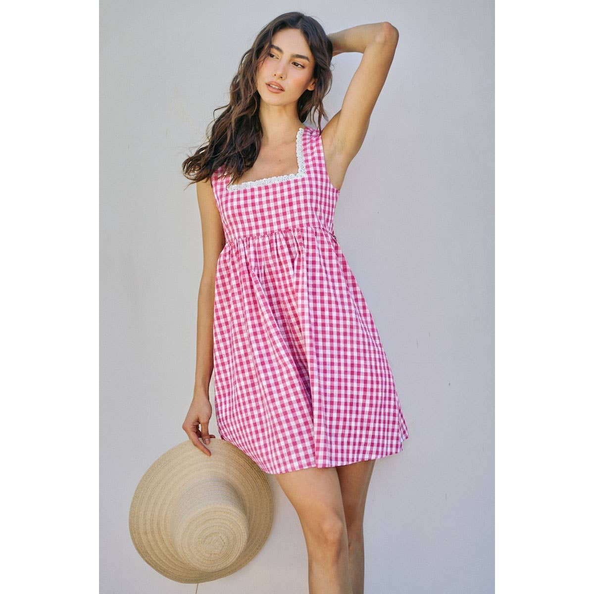 GINGHAM CHECKER WOVEN SQUARE NECK LACE TRIM DRESS | V025
