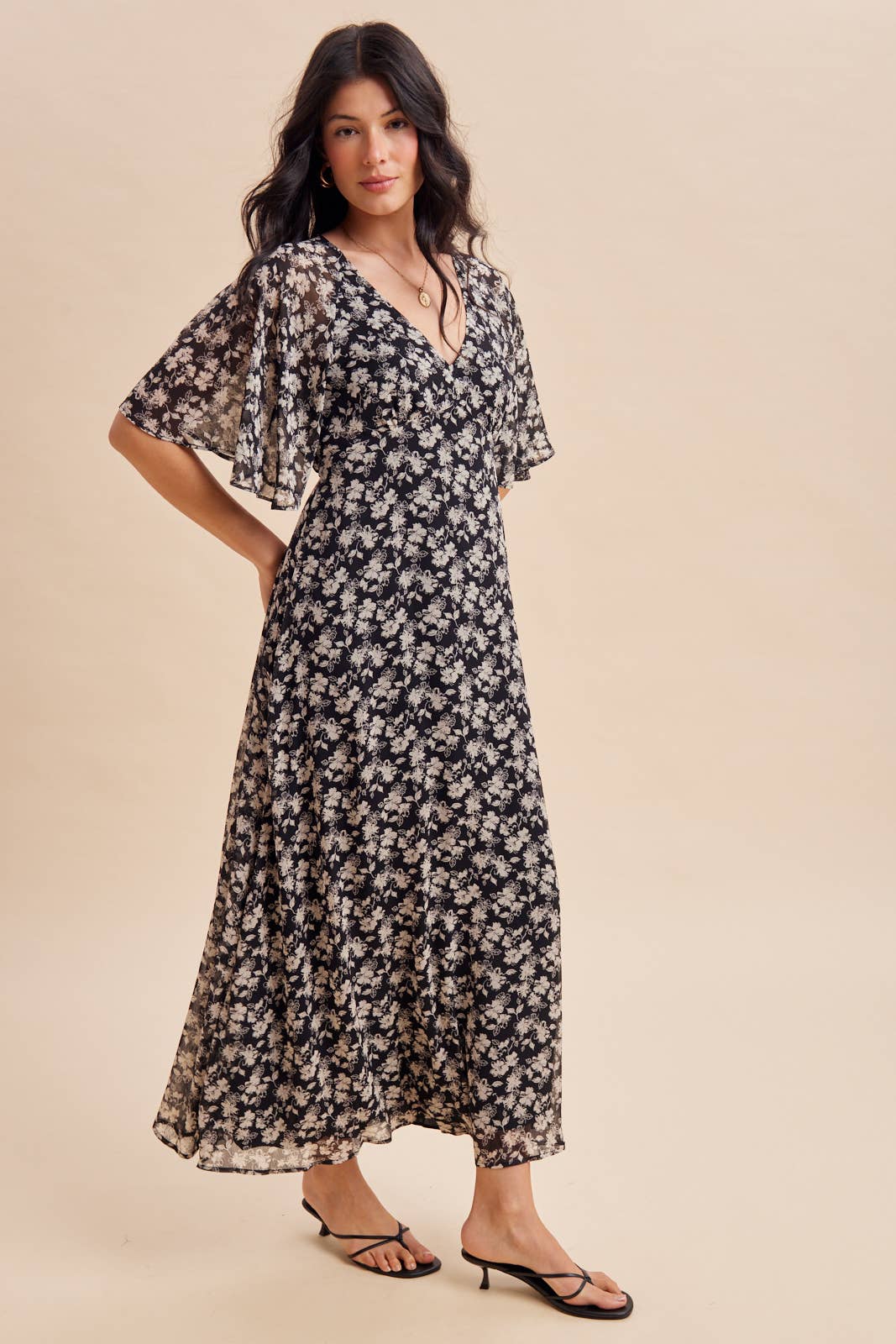 FLUTTER SLEEVE FLORAL MAXI DRESS