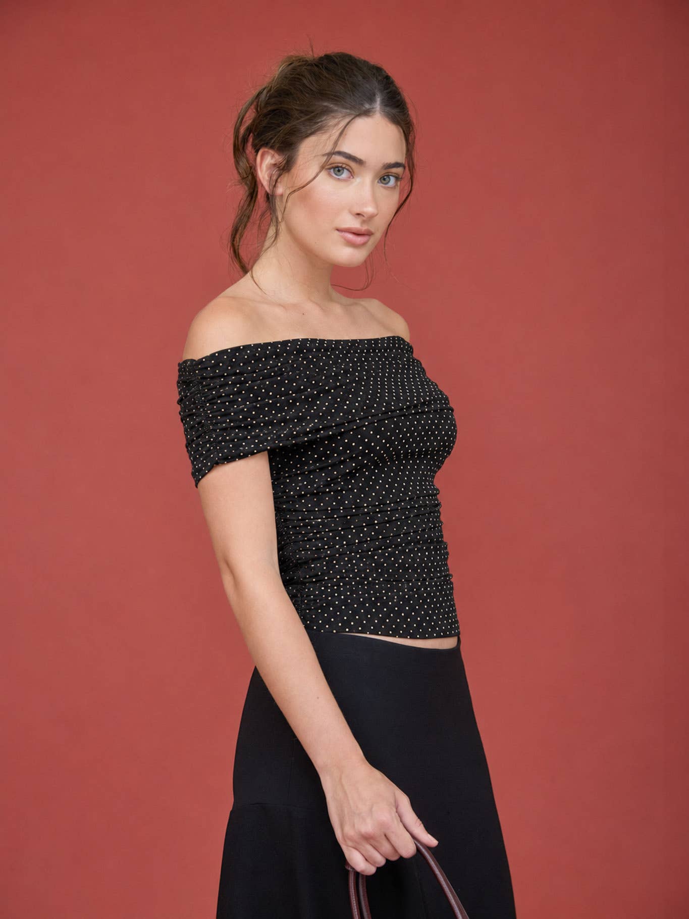 POLKA DOT MESH OFF THE SHOULDER KNIT TOP | B047