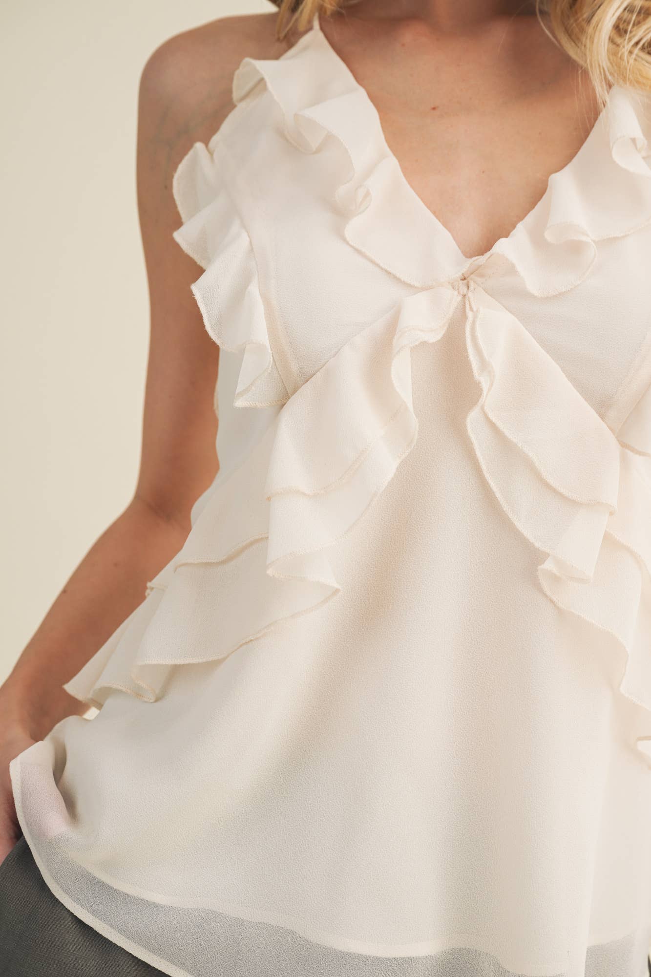 Cascading Ruffle Lattice Tie Top | B025