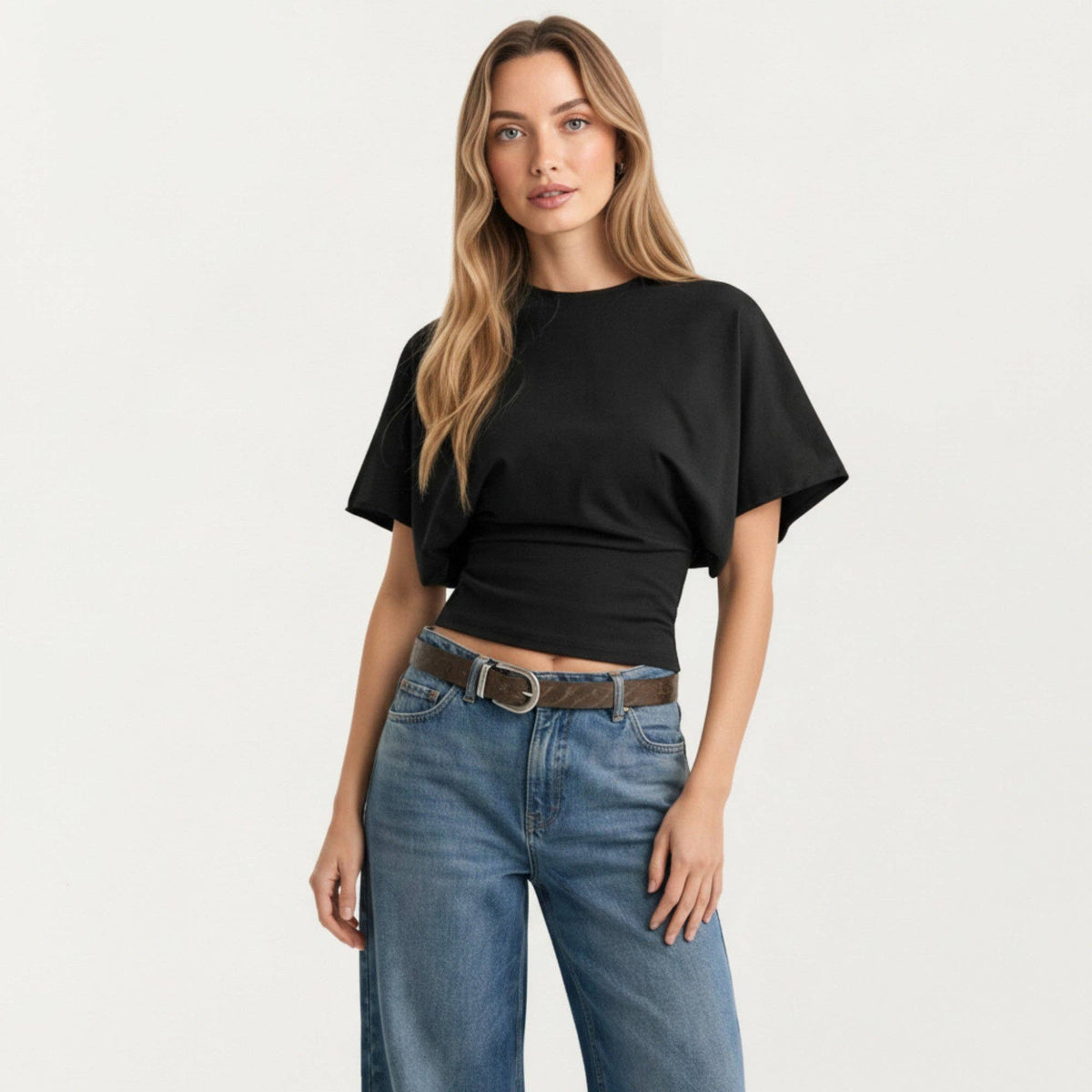 Short Sleeve Cropped Top with Wide Waistband and Relaxed Blouson Fit | B032
