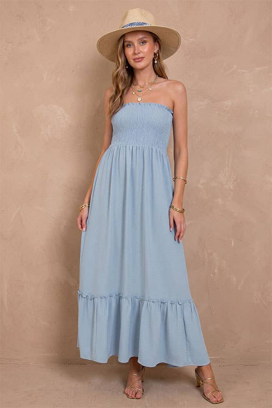 Strapless boho smocked top airflow maxi dress | V024