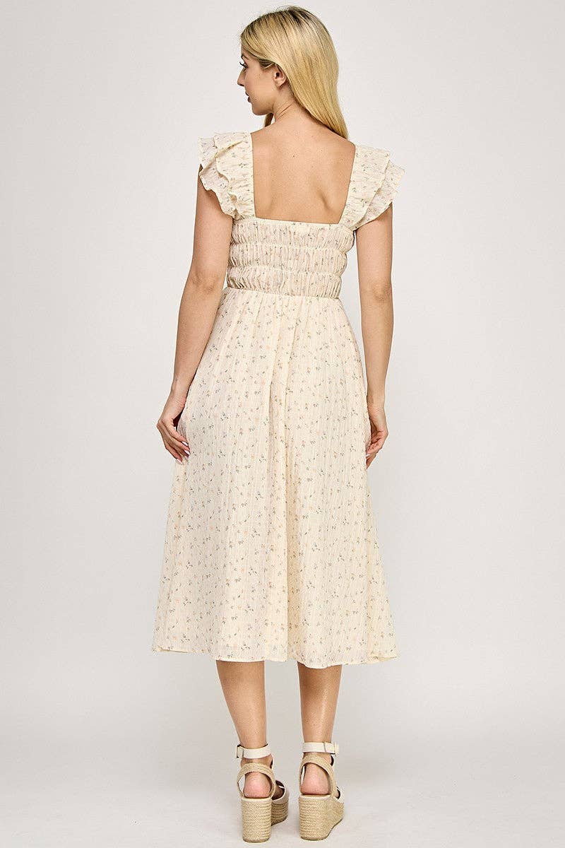 Flutter Sleeve Smocked Midi Dress | V020