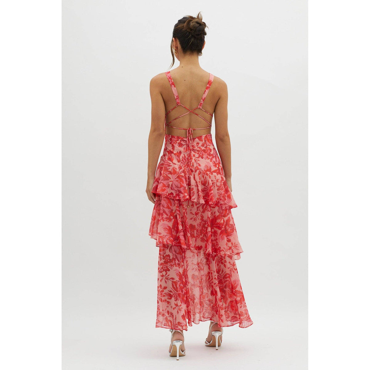 V-Neck Print Backless Flounce Sexy Dress | V029