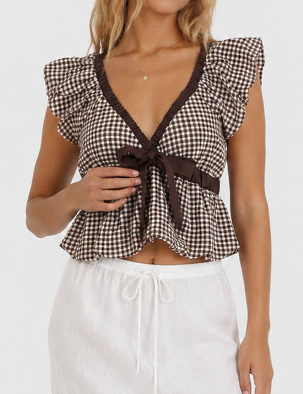 Ladies Plaid Ruffle Sleeveless Bow Tie Peplum Top | B057