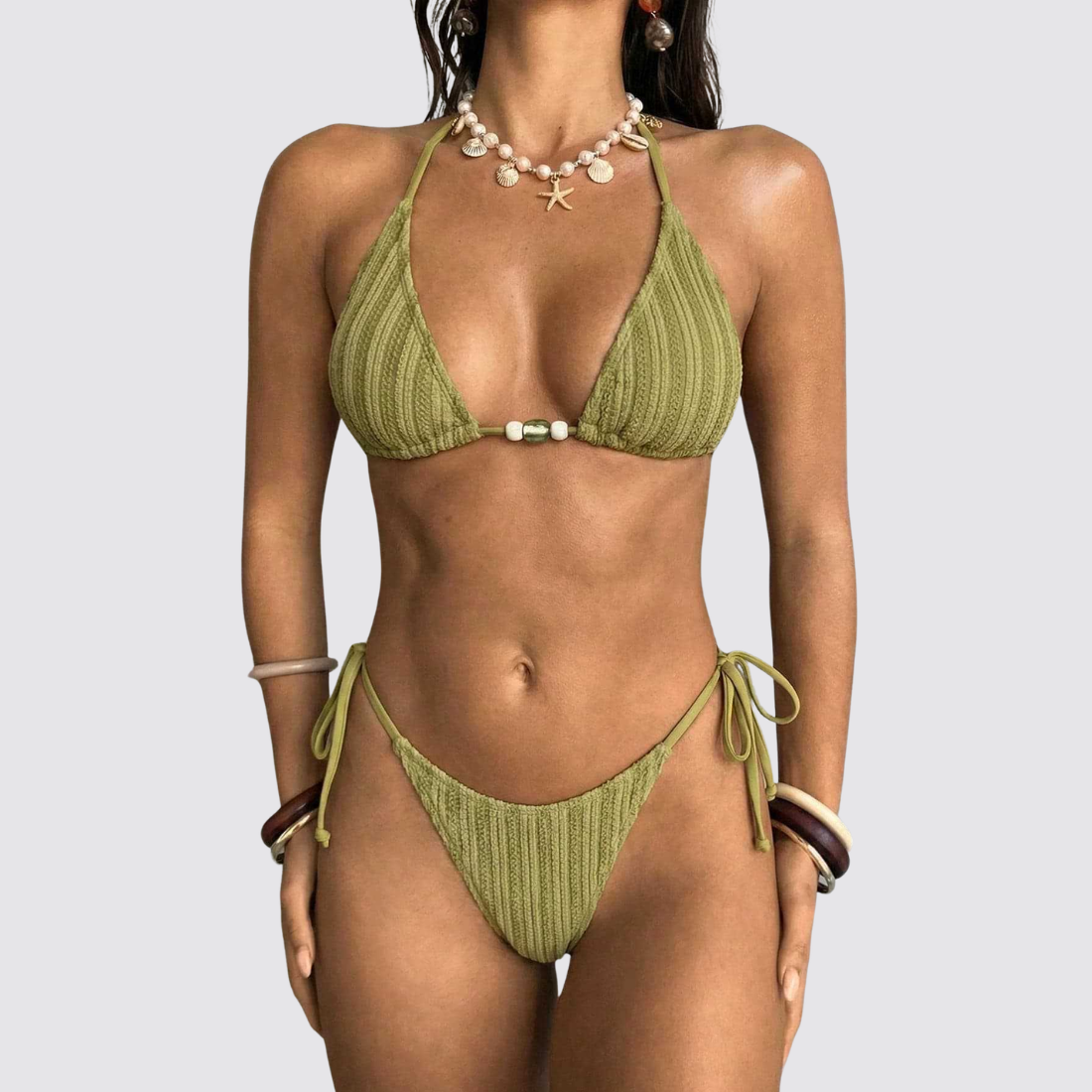 Women's Textured Beaded Side Tie Solid High Cut Brief Bikini | BK005