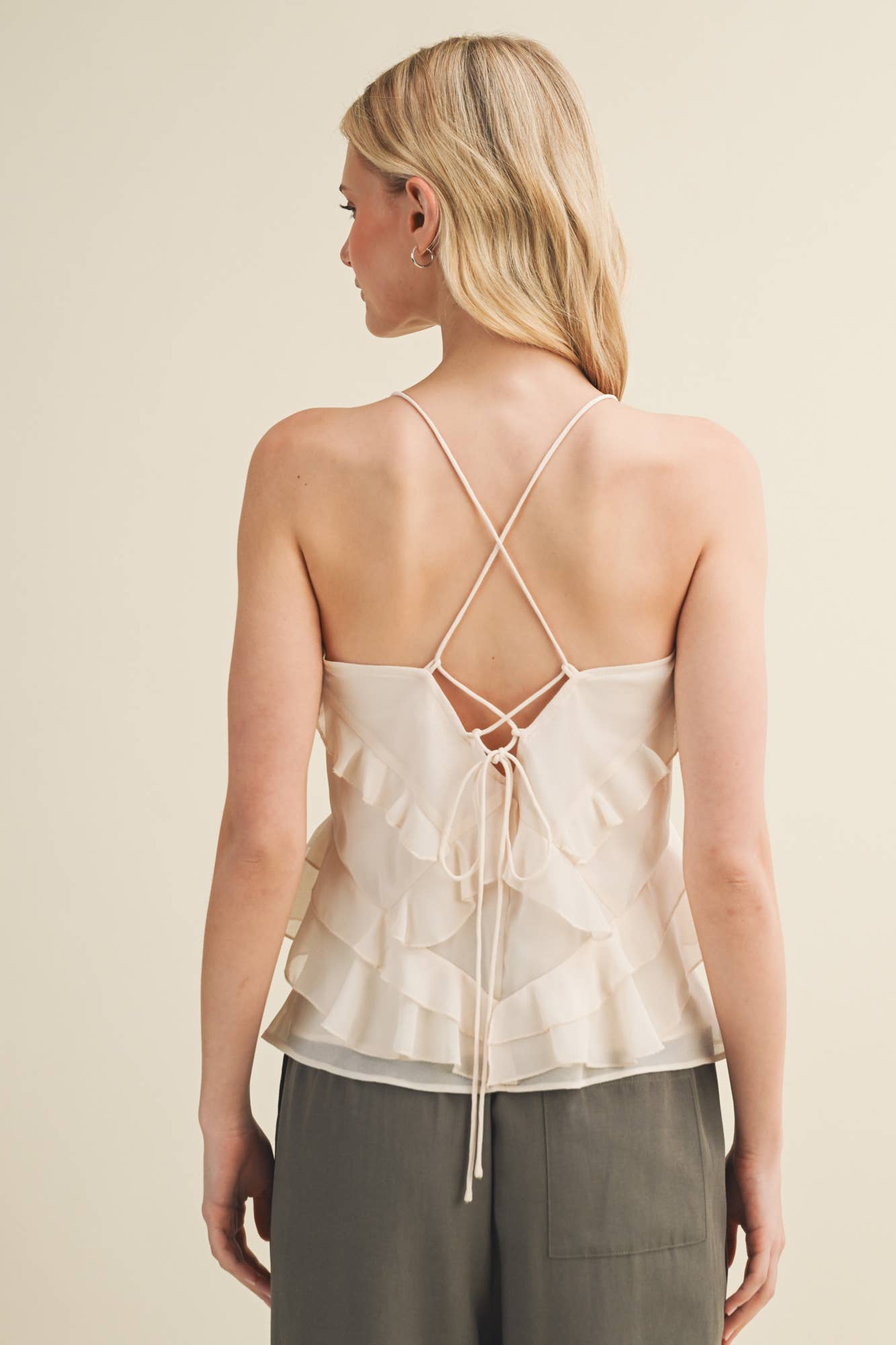 Cascading Ruffle Lattice Tie Top | B025
