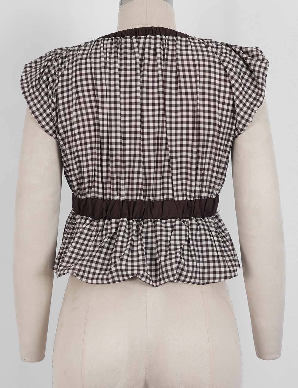 Ladies Plaid Ruffle Sleeveless Bow Tie Peplum Top | B057