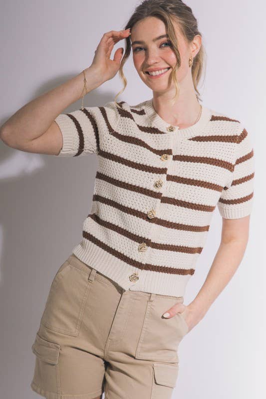Striped Short Sleeve Knit Cardigan | B005