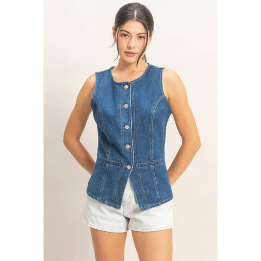 Button-Front Sleeveless Denim Vest | B038