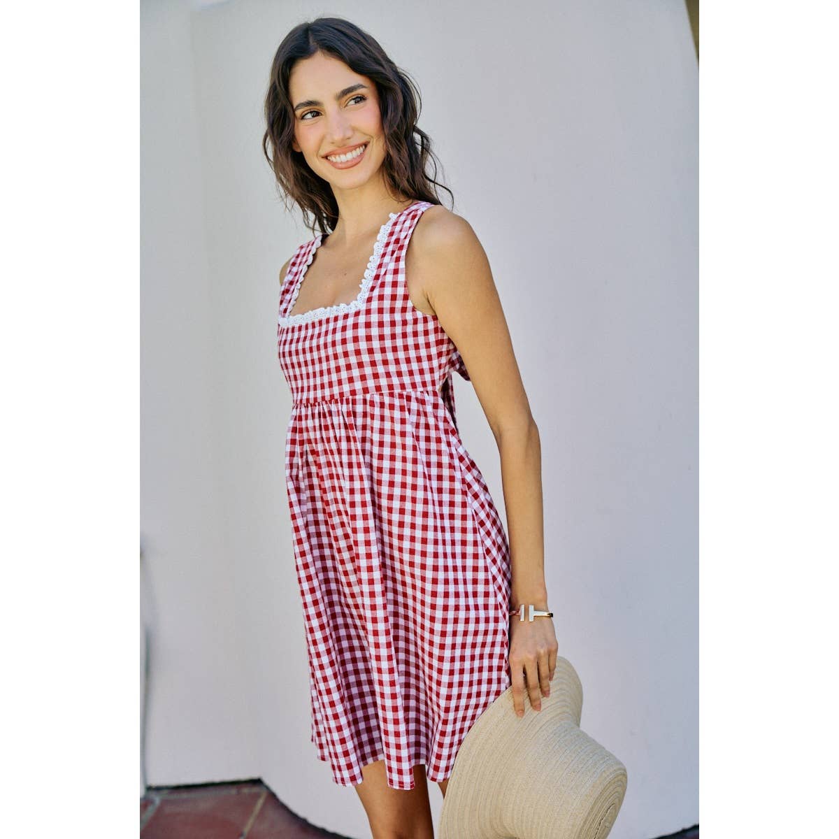 GINGHAM CHECKER WOVEN SQUARE NECK LACE TRIM DRESS | V025