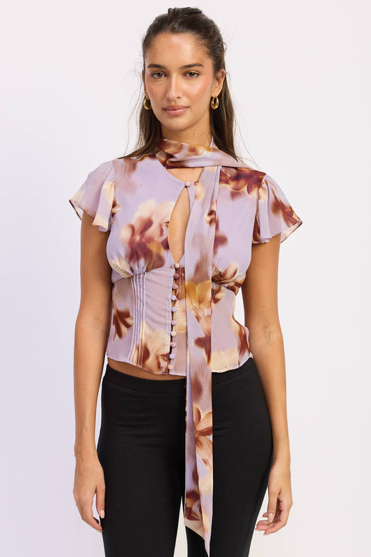 FLUTTER SLEEVE BUTTON FRONT SCARF BLOUSE | B060