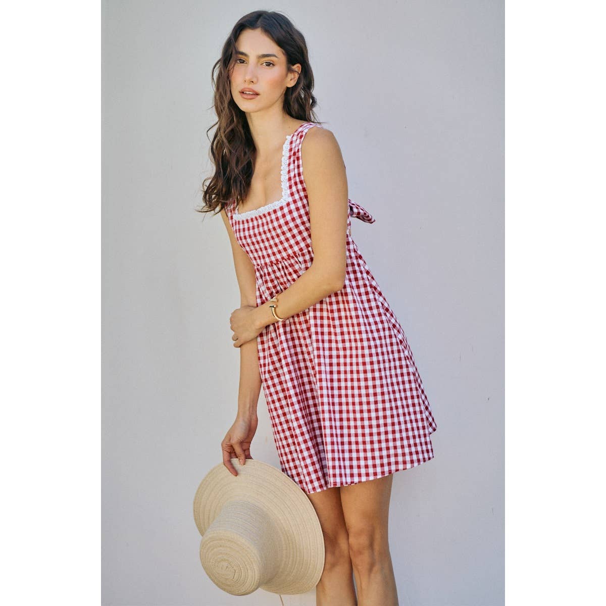 GINGHAM CHECKER WOVEN SQUARE NECK LACE TRIM DRESS | V025