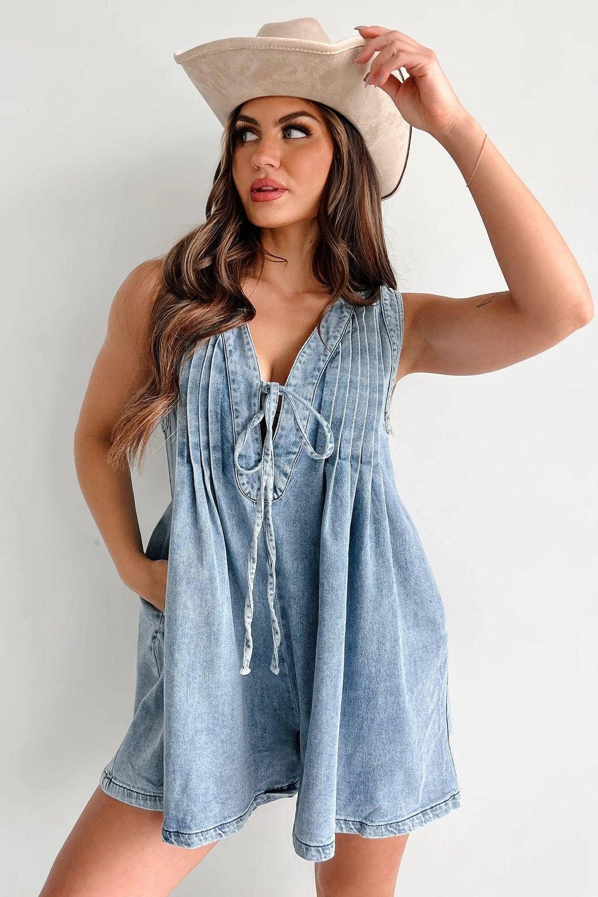 Ladies Tie Front V Neck Sleeveless Denim Jumpsuit | R005