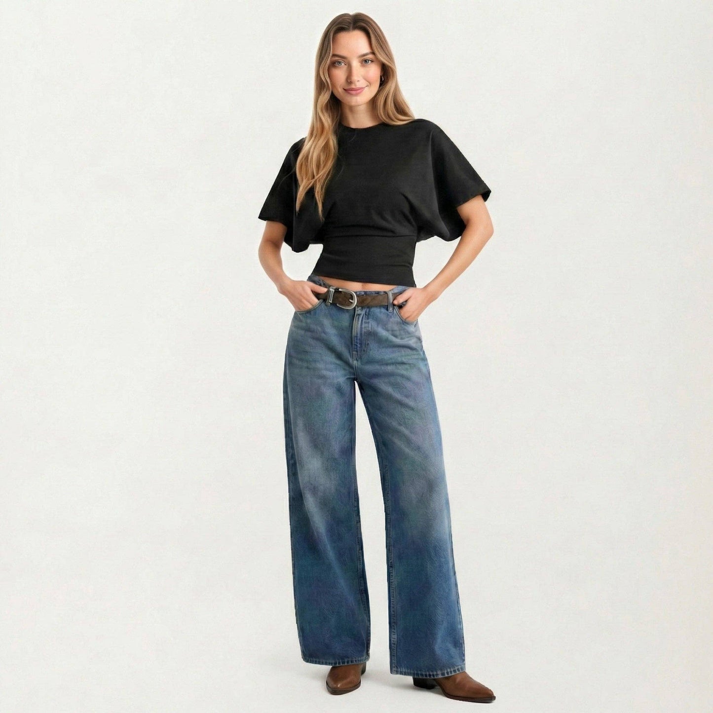 Short Sleeve Cropped Top with Wide Waistband and Relaxed Blouson Fit | B032