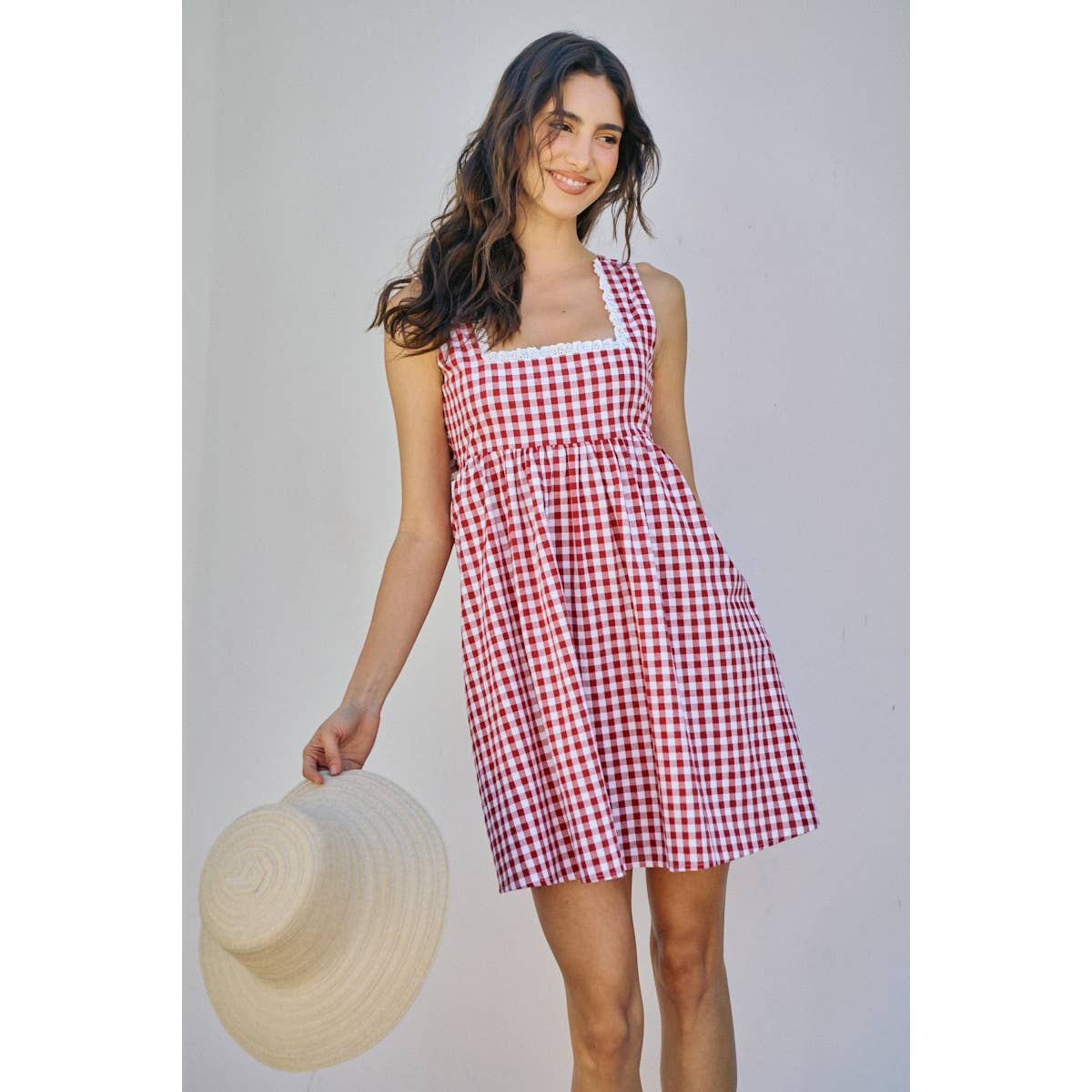 GINGHAM CHECKER WOVEN SQUARE NECK LACE TRIM DRESS | V025