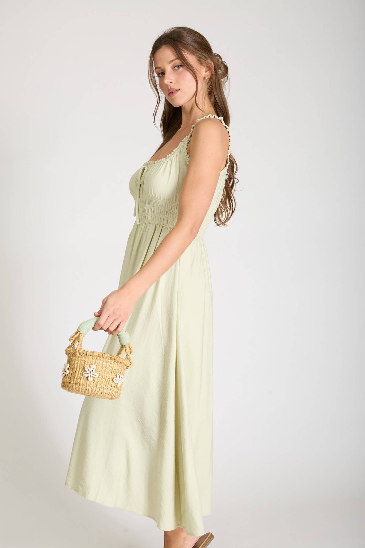 SPAGHETTI STRAP FRONT TIE SHIRRED WAIST MIDI DRESS | V018