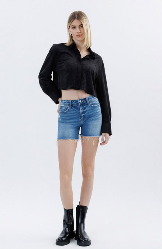 High Rise Raw Hem Denim Shorts | C002