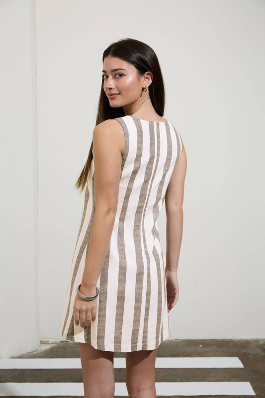 STRIPE SQUARE NECK SLEEVELESS LINEN MINI DRESS | V026