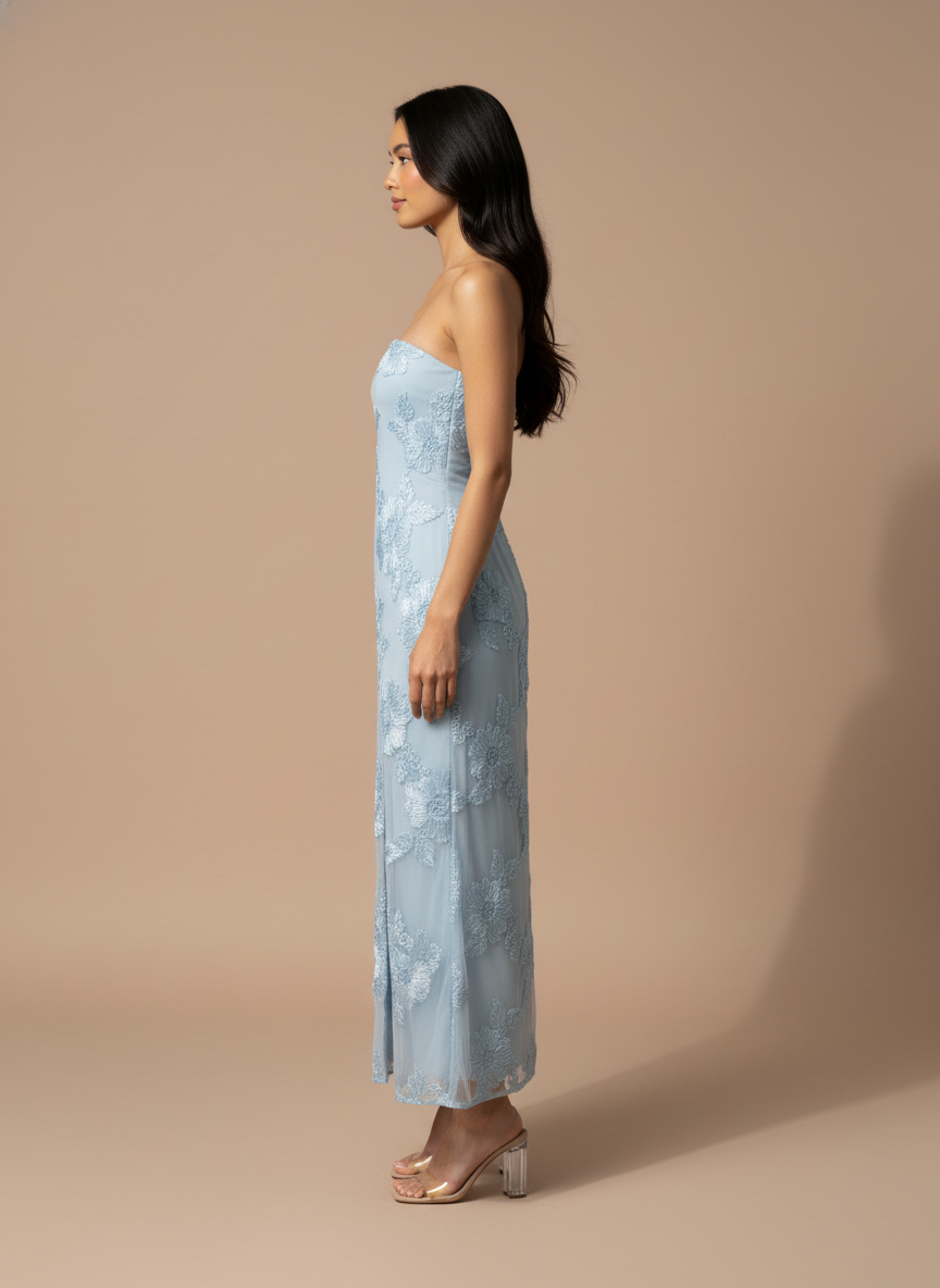 STRAPLESS MESH TEXTURED LEG SLIT MIDI DRESS | V031