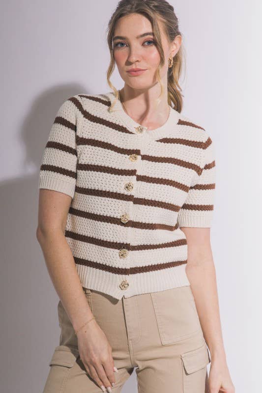 Striped Short Sleeve Knit Cardigan | B005