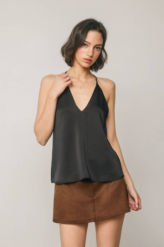 Satin Deep V Flared Top | B041