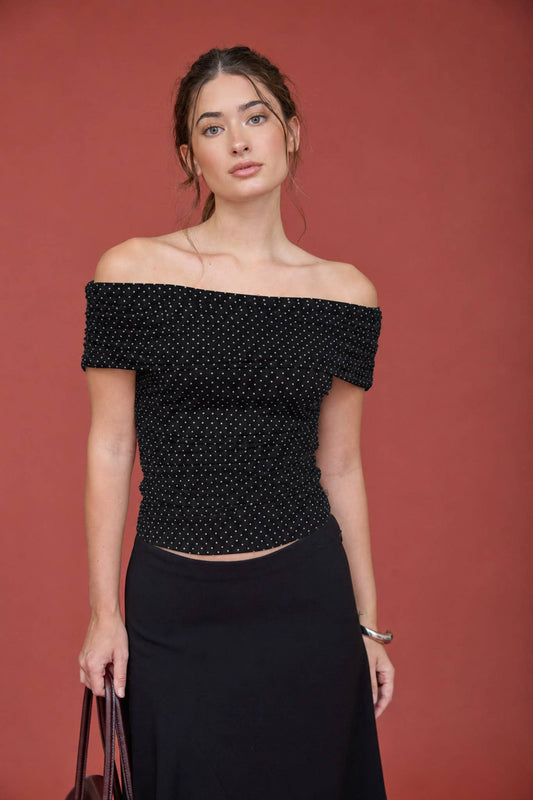 POLKA DOT MESH OFF THE SHOULDER KNIT TOP | B047