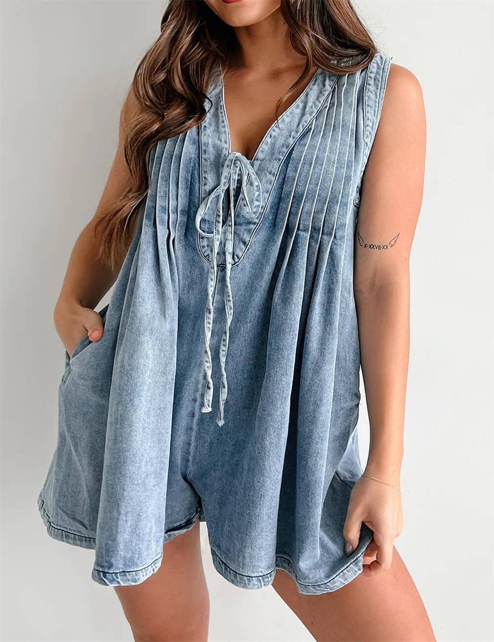 Ladies Tie Front V Neck Sleeveless Denim Jumpsuit | R005