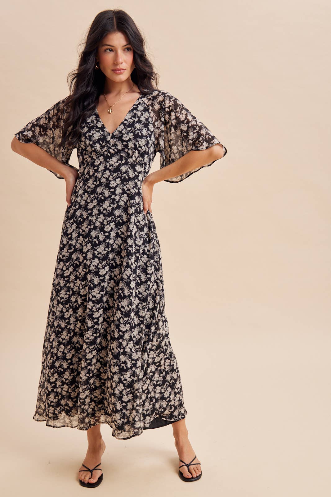 FLUTTER SLEEVE FLORAL MAXI DRESS