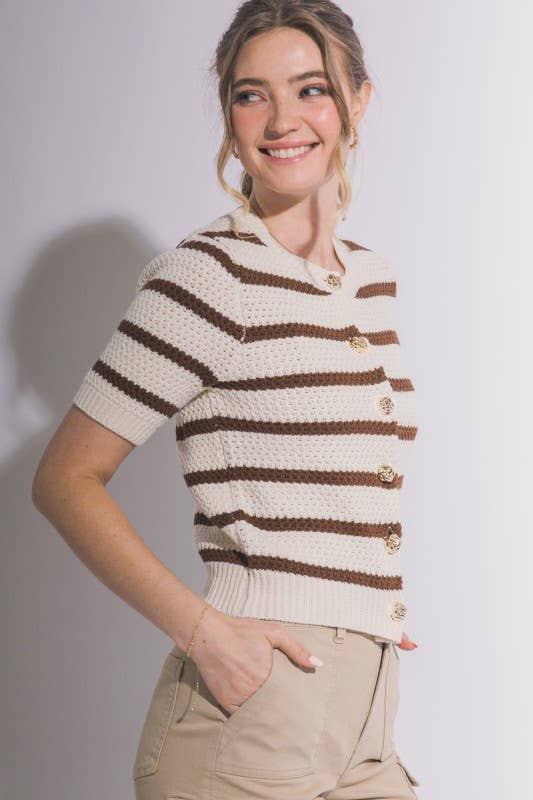 Striped Short Sleeve Knit Cardigan | B005
