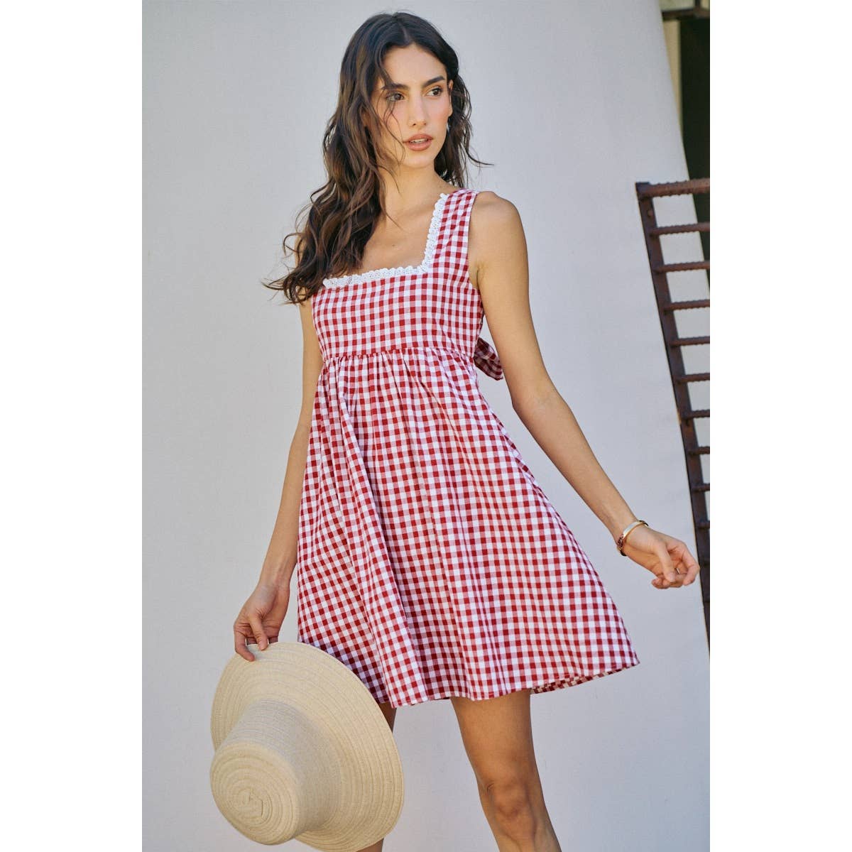 GINGHAM CHECKER WOVEN SQUARE NECK LACE TRIM DRESS | V025