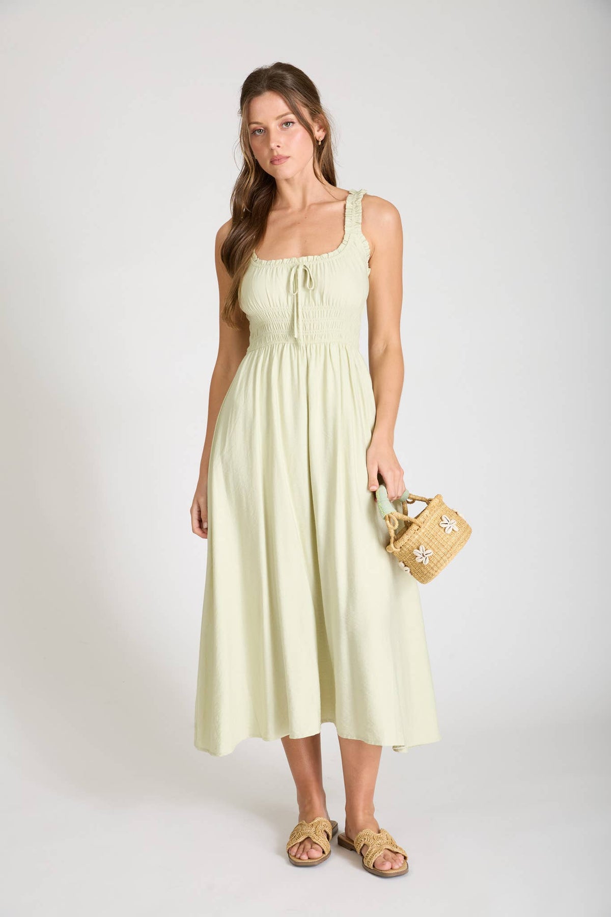 SPAGHETTI STRAP FRONT TIE SHIRRED WAIST MIDI DRESS | V018