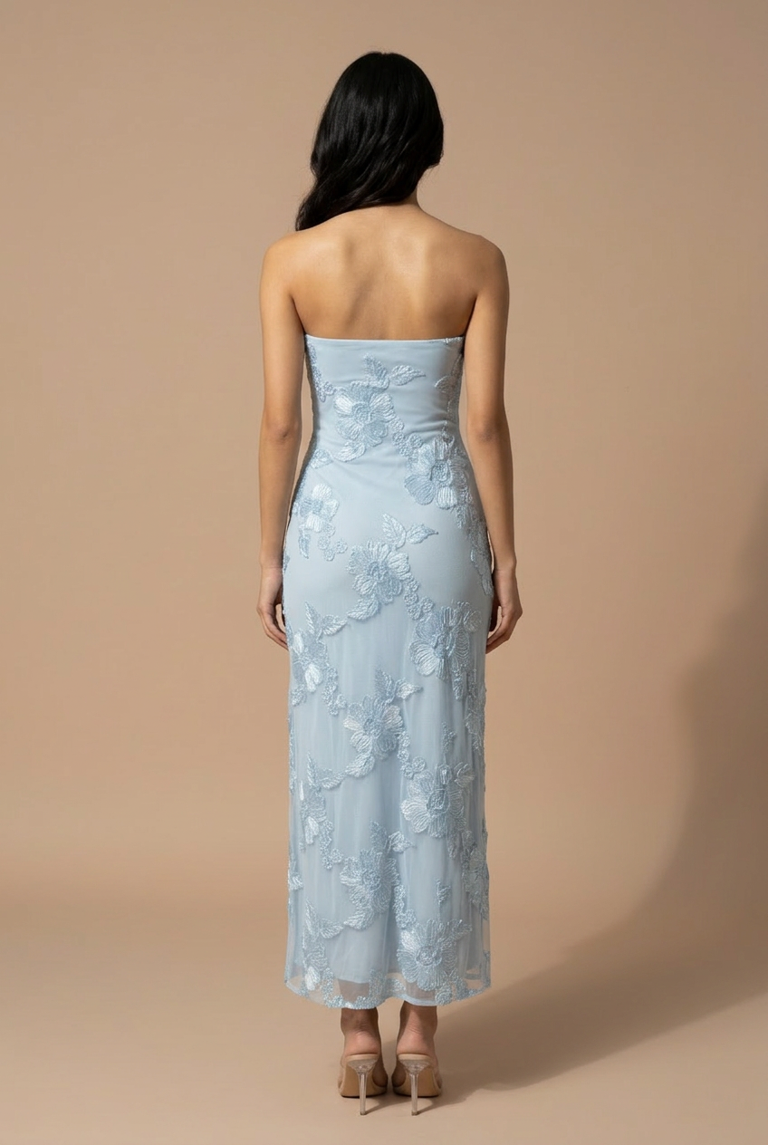 STRAPLESS MESH TEXTURED LEG SLIT MIDI DRESS | V031