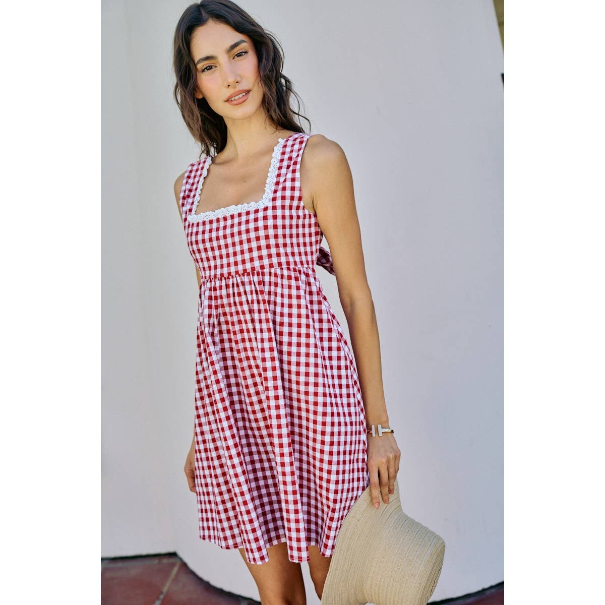 GINGHAM CHECKER WOVEN SQUARE NECK LACE TRIM DRESS | V025