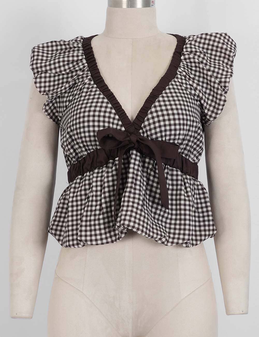 Ladies Plaid Ruffle Sleeveless Bow Tie Peplum Top | B057