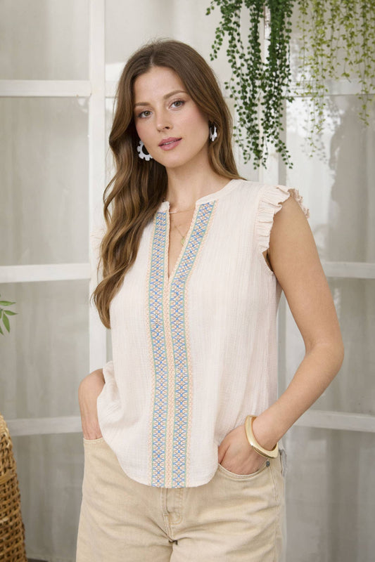 EMBROIDERED FRONT SPLIT NECK PLISSE TOP | B052