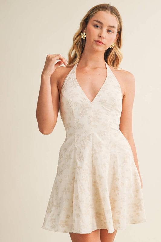 Embossed Floral Halter A-Line Dre | V010