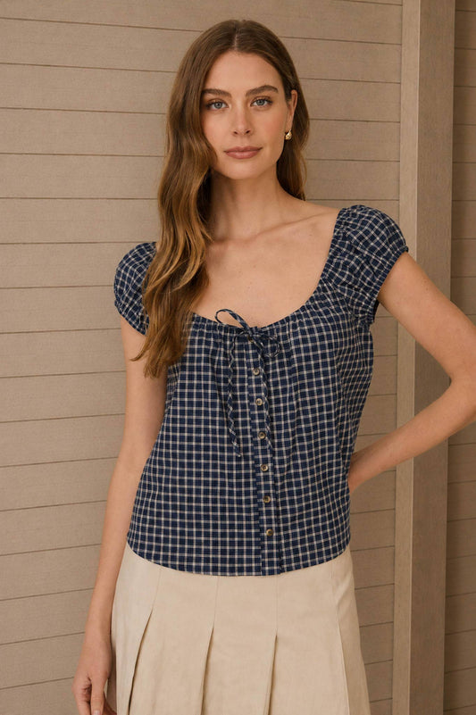 PLAID FRONT TIE BUTTON DOWN SHORT SLEEVE TOP | B053