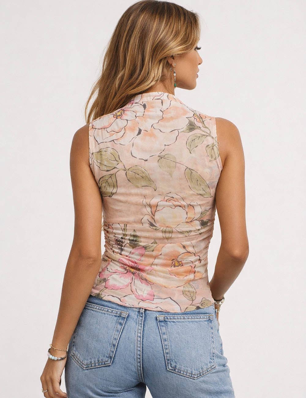 Ladies Floral Print Ruched Sleeveless Sheer Mesh Top | B050