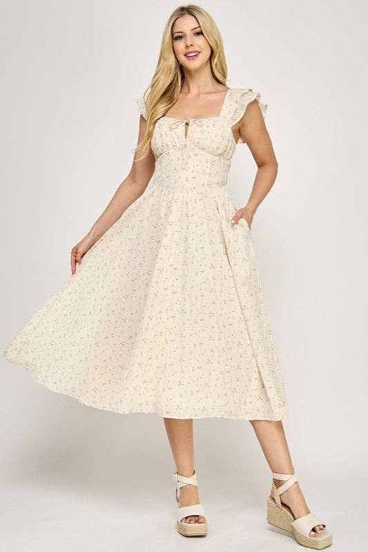 Flutter Sleeve Smocked Midi Dress | V020