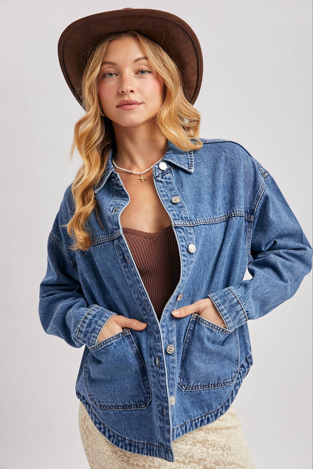 DENIM BUTTON DOWN SHACKET WITH POCKETS | CH001