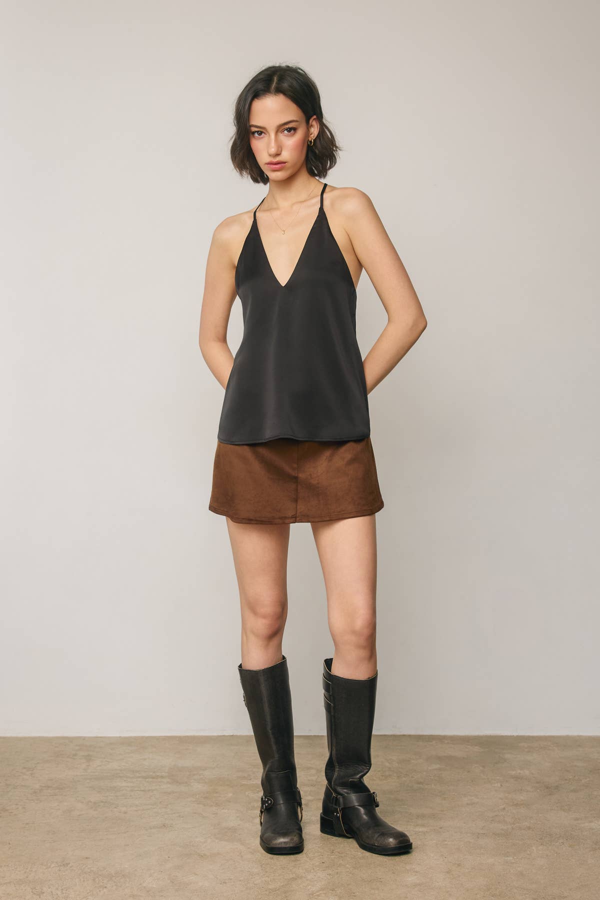 Satin Deep V Flared Top | B041