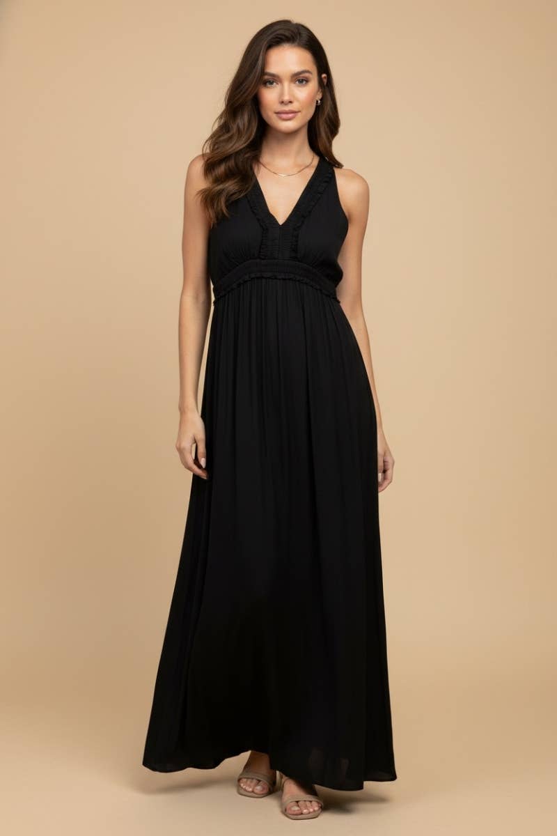 Flare Neck Maxi Dress With Front Neck Pleating Detail | V022