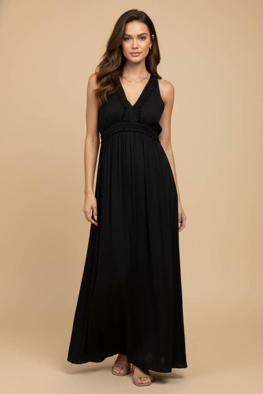 Flare Neck Maxi Dress With Front Neck Pleating Detail | V022