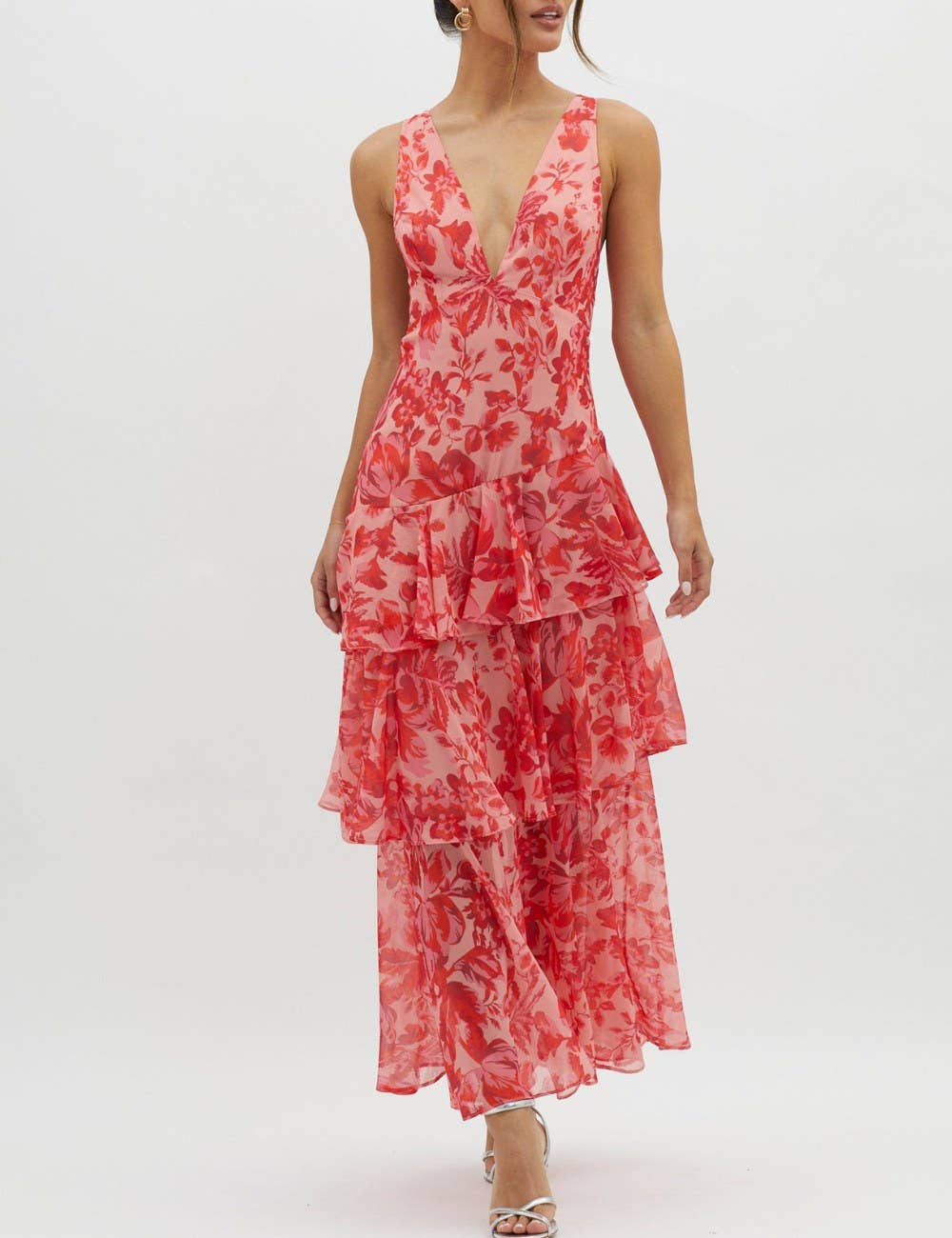 V-Neck Print Backless Flounce Sexy Dress | V029