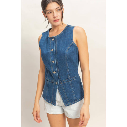 Button-Front Sleeveless Denim Vest | B038