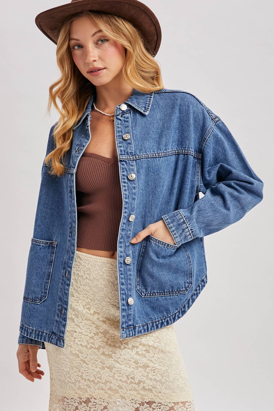 DENIM BUTTON DOWN SHACKET WITH POCKETS | CH001