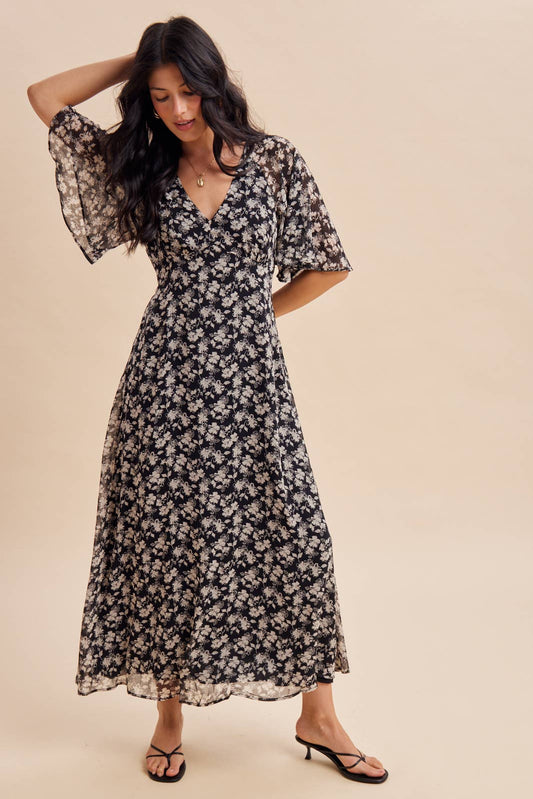 FLUTTER SLEEVE FLORAL MAXI DRESS