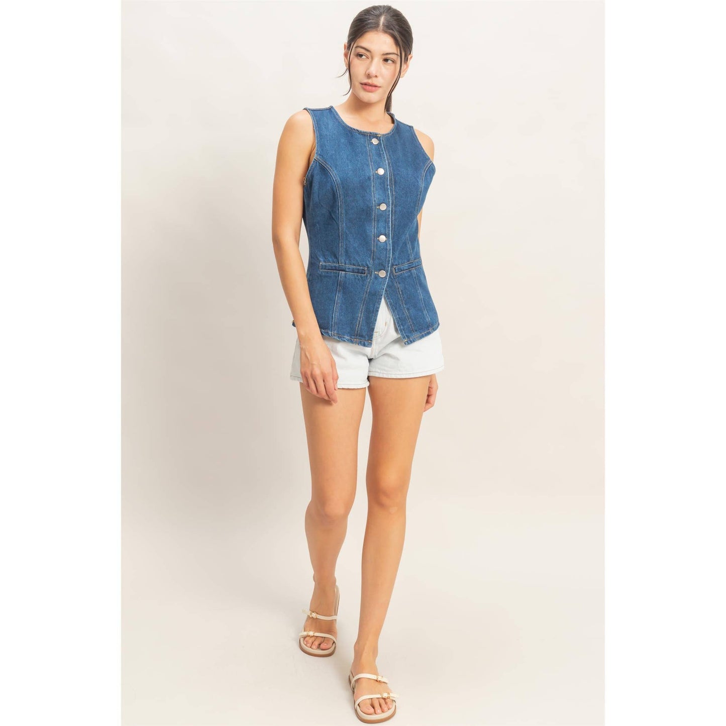 Button-Front Sleeveless Denim Vest | B038